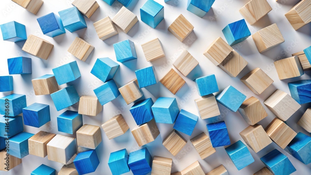 Abstract Composition of Blue and Natural Wooden Cubes Scattered on White Surface Abstract Composition of Blue and Natural Wooden Cubes Scattered on White Surface