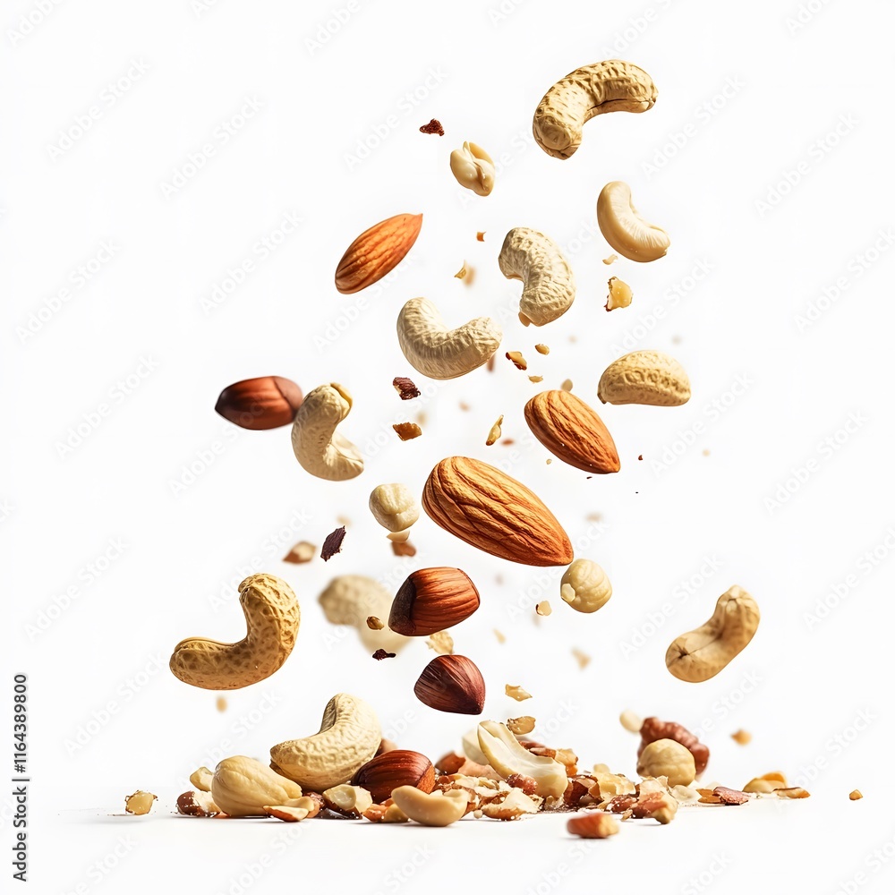 Mixed Nut Delight Various Healthy Nuts and Raisins Falling on a white Background. for Product Banners and Covers Mixed Nut Delight Various Healthy Nuts and Raisins Falling on a white Background. for Product Banners and Covers