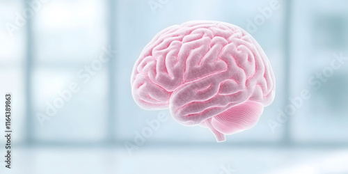 Pink human brain with a digital wireframe overlay on a blurred blue background, ideal for illustrating neuroscience, artificial intelligence, mental health, or medical research concepts.