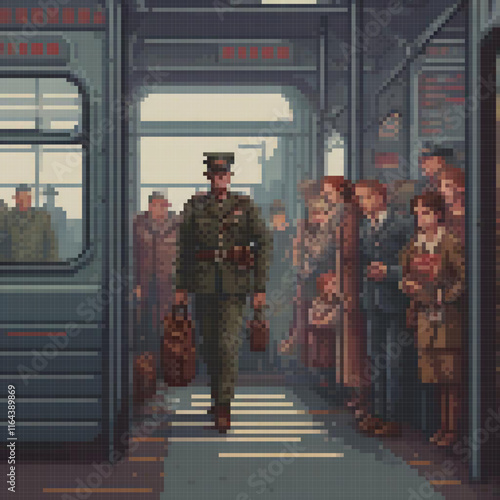 Military man in pixel art, strolling on a subway platform.