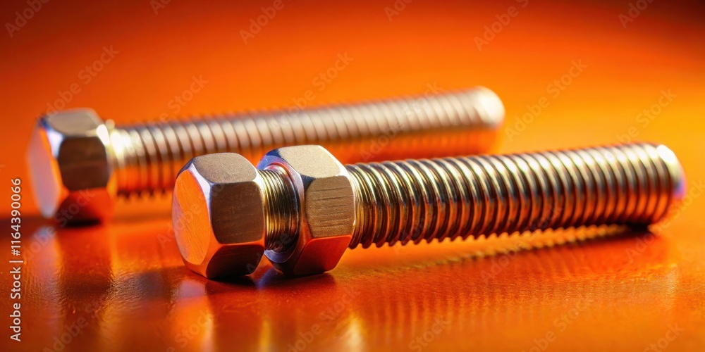 Close-up view of two metallic bolts and nuts on an orange surface Close-up view of two metallic bolts and nuts on an orange surface