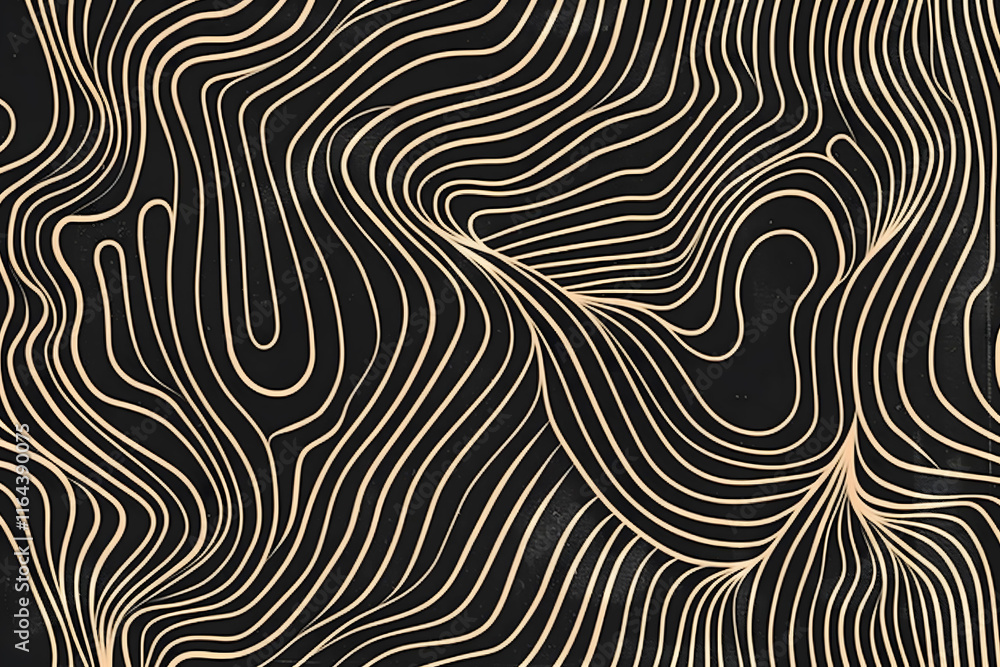 Fototapeta premium Abstract background featuring flowing beige lines on a black surface, creating a dynamic and elegant wavy pattern, ideal for modern design projects, art, or decorative purposes