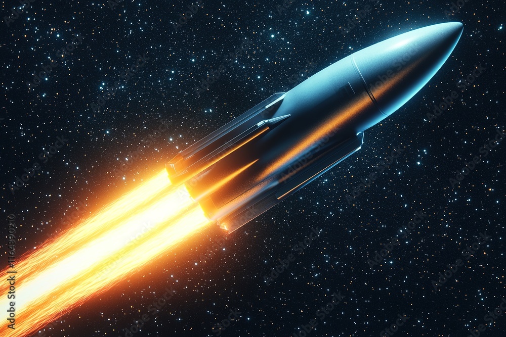 sleek 3d-rendered space rocket launching with glowing exhaust trails framed by minimalist starry backdrop sleek 3d-rendered space rocket launching with glowing exhaust trails framed by minimalist starry backdrop