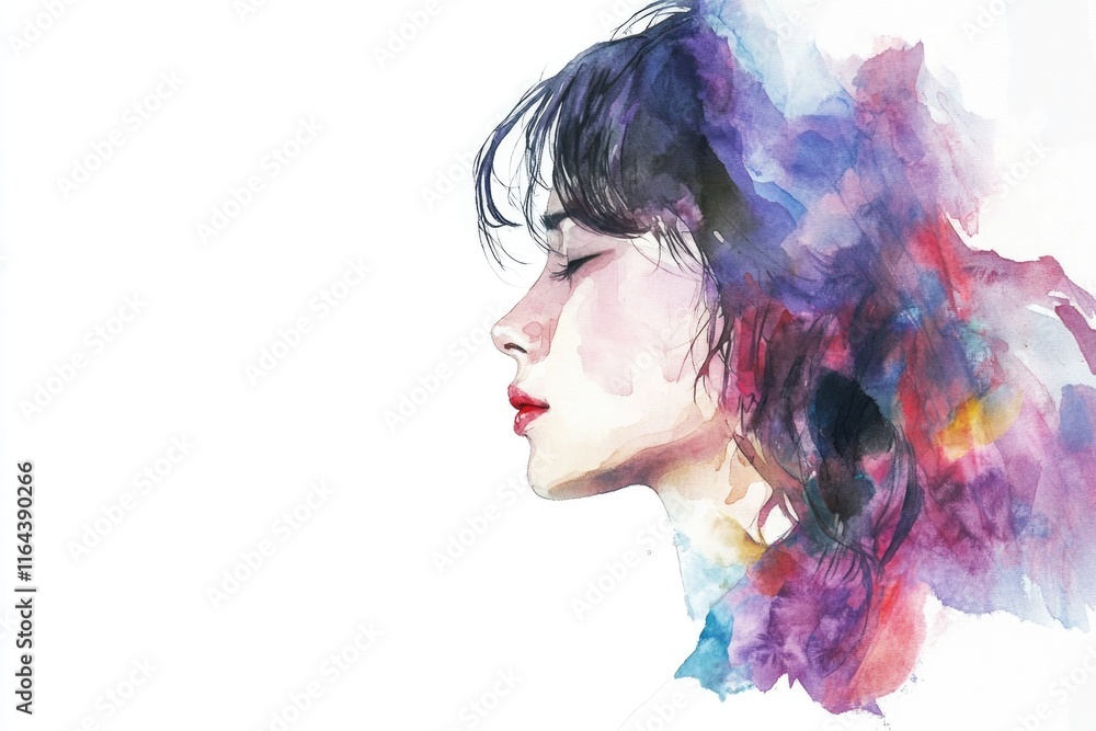 Fototapeta premium A watercolor painting of a woman relaxing with her eyes shut, possibly in a meditative or contemplative state