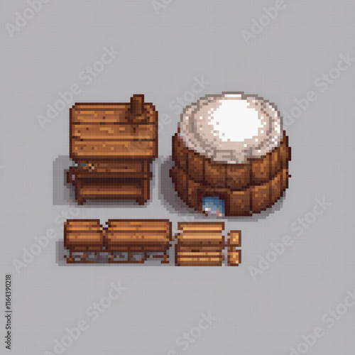 Pixel art depicting wooden barrels with a barrel illuminated by a light.