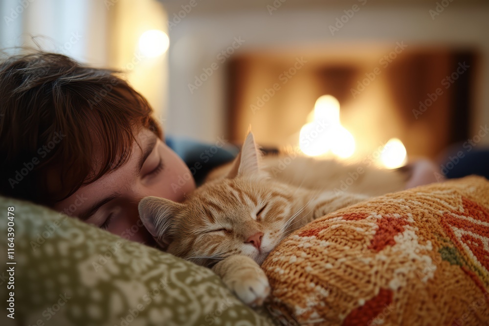 A woman is sleeping with her cat on her lap A woman is sleeping with her cat on her lap