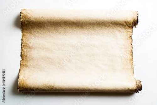 vintage parchment scroll slightly rolled at edges resting against clean white background photo