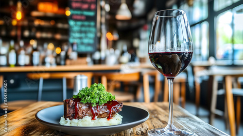 A cozy dining table setup with a plated bonein beef short rib served on mashed potatoes drizzled with red wine reduction and sprinkled with chopped parsley ready to be photo