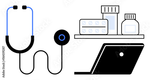 Stethoscope, laptop, and medications on a shelf. Ideal for telemedicine, online consultations, digital health, remote diagnosis, healthcare technology medical services patient care. Concept of