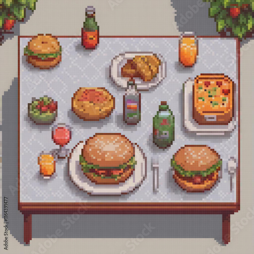 Pixel art depicting a vibrant table laden with diverse culinary delights.