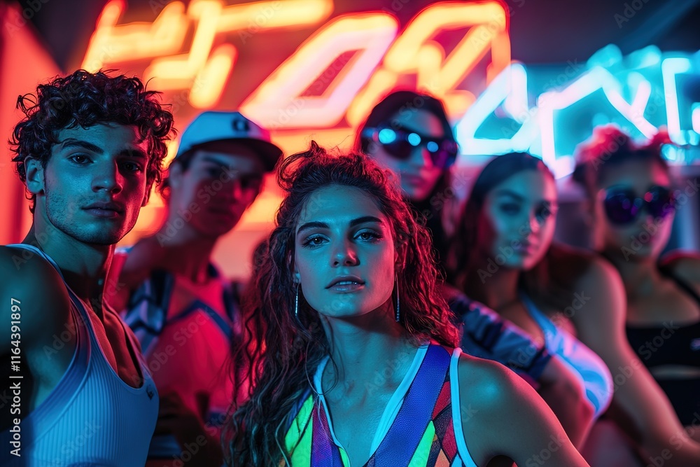 portrait of group of friends in 80s workout gear under neon lights with blurred glowing signs behind them portrait of group of friends in 80s workout gear under neon lights with blurred glowing signs behind them