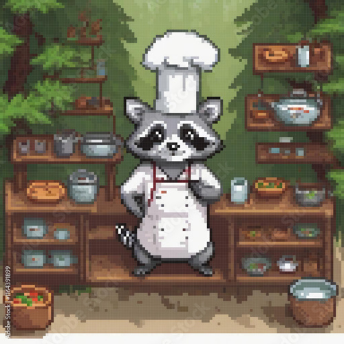 Cute pixel art of a raccoon chef in a stylish apron and hat, ready to cook in a cozy kitchen.