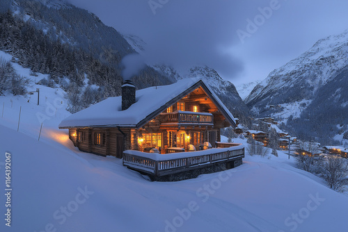 Photo réaliste professionnelle d’un chalet en bois confortable dans une station de ski enneigée, avec de la fumée montant de la cheminée et des skieurs au loin photo