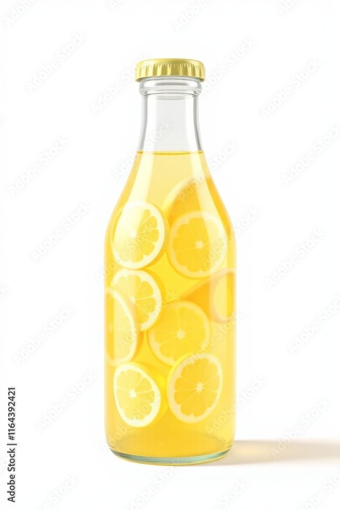 there is a bottle of lemonade with lemon slices in it there is a bottle of lemonade with lemon slices in it