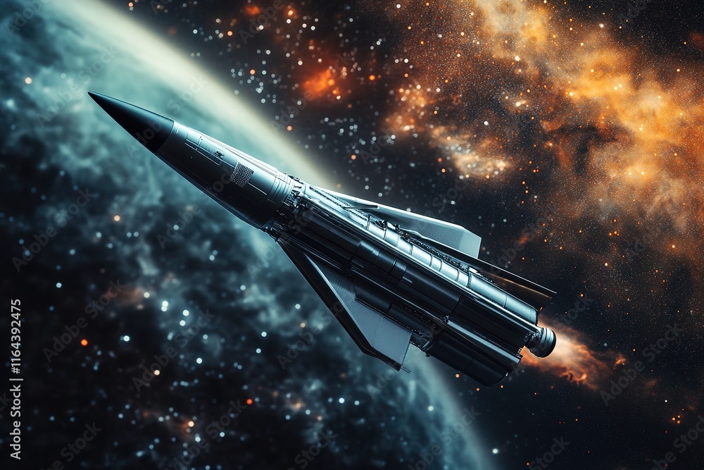sleek rocket captured mid-orbit against vastness of space with blurred nebulae enhancing focus sleek rocket captured mid-orbit against vastness of space with blurred nebulae enhancing focus