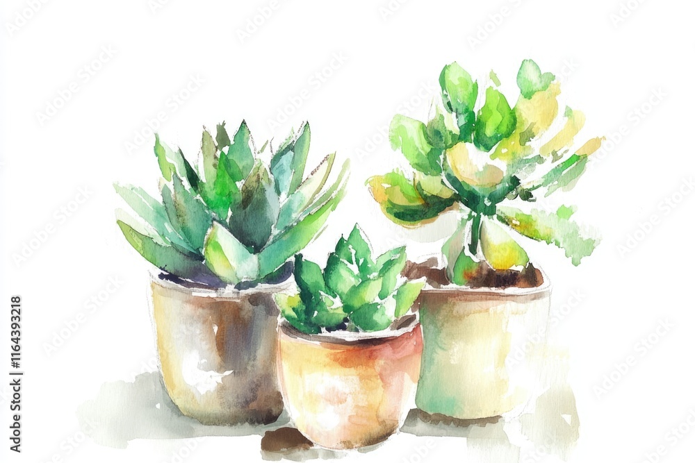 A still life of three pots with plants placed on a table A still life of three pots with plants placed on a table