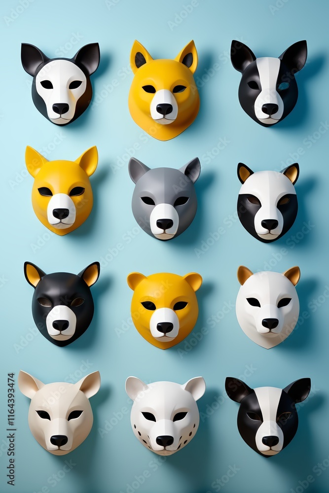 Fototapeta premium a close up of a group of animal masks on a blue background