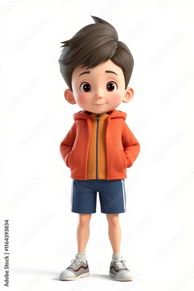 cartoon boy in orange jacket and blue shorts standing with his hands in his pockets cartoon boy in orange jacket and blue shorts standing with his hands in his pockets