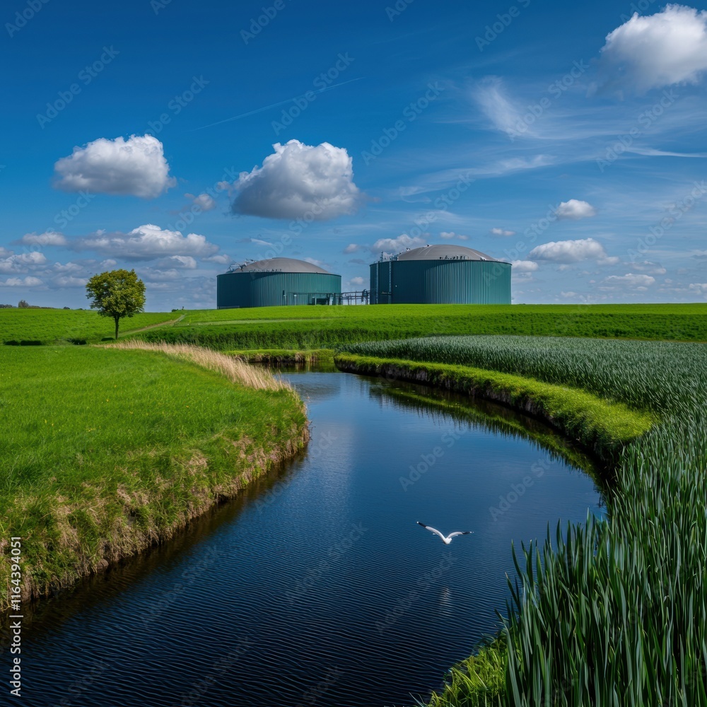 Serene Landscape with Green Fields and Modern Storage Tanks Serene Landscape with Green Fields and Modern Storage Tanks