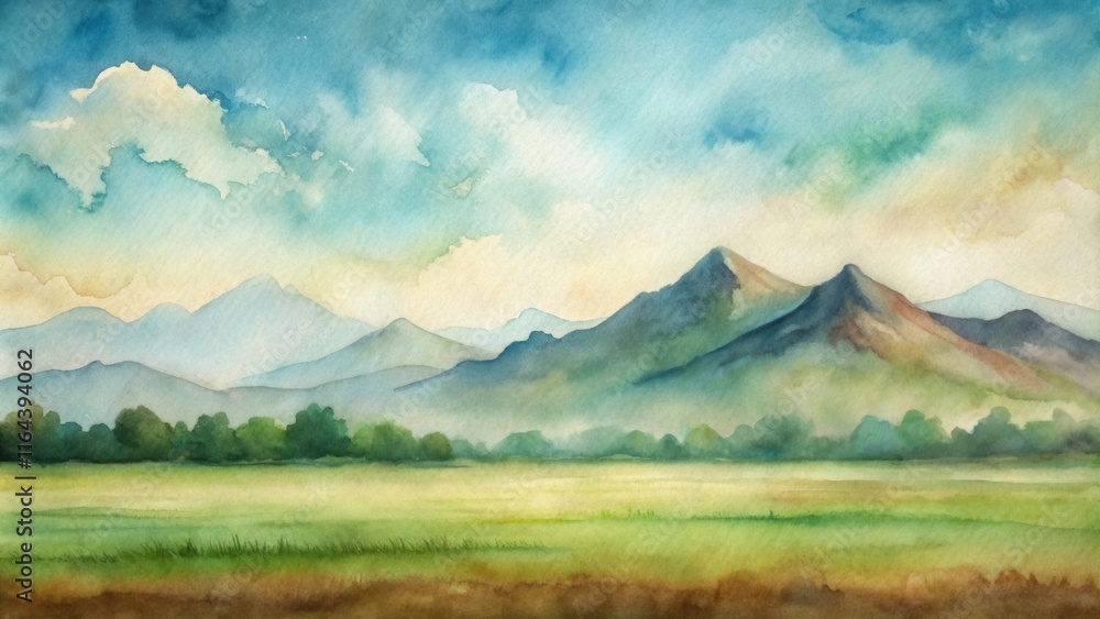 Fototapeta premium Serene Watercolor Landscape Depicting a Tranquil Meadow and Majestic Mountain Range Under a Softly Colored Sky