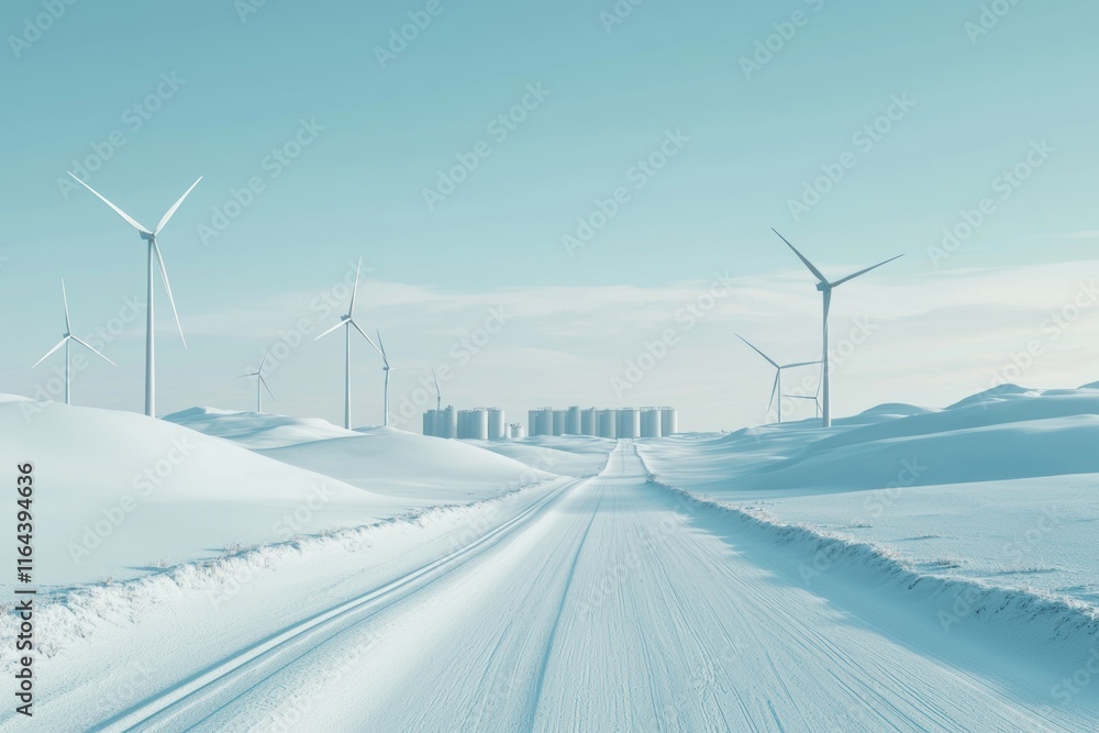 Serene Winter Landscape with Wind Turbines and Snowy Pathway Serene Winter Landscape with Wind Turbines and Snowy Pathway