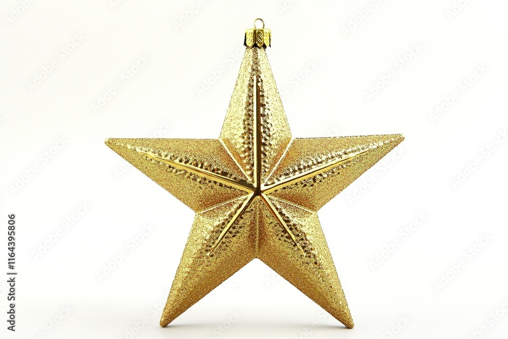 shiny gold star ornament with bold design standing upright on bright white background shiny gold star ornament with bold design standing upright on bright white background