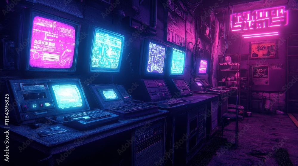 Futuristic Control Room with Neon Colors and Details Futuristic Control Room with Neon Colors and Details