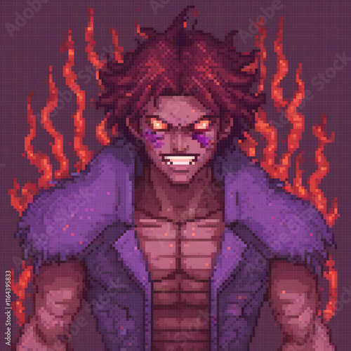 Red-haired man in a vibrant purple jacket, pixel art style.