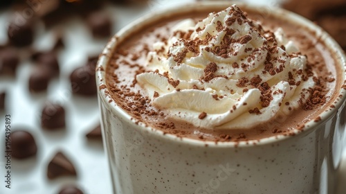 Creamy hot chocolate with whipped cream and cocoa powder. photo