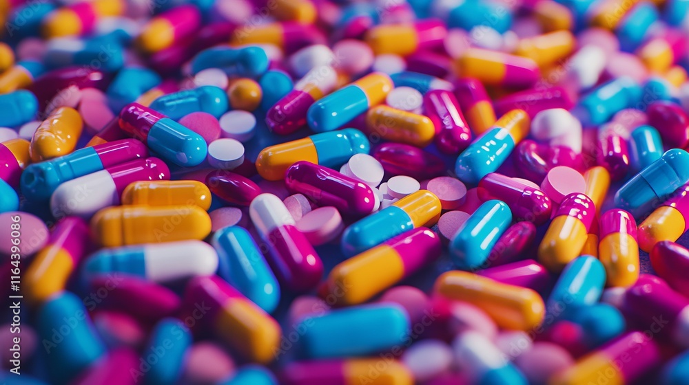 A varied collection of multicolored capsules and tablets is spread across a flat surface. The vibrant hues of pink, blue, yellow, and white suggest a focus on health, medicine, and wellness