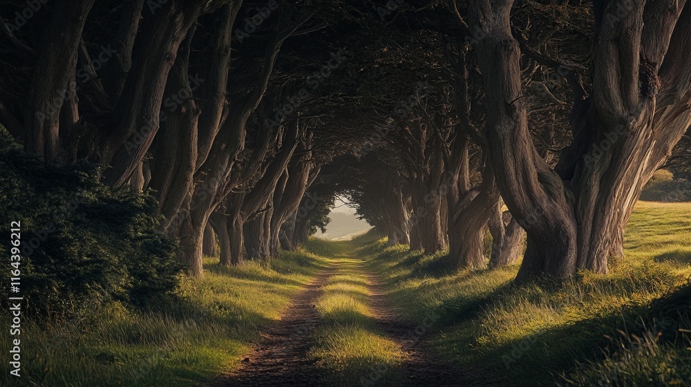 Obraz premium A tranquil dirt path winds through a lush forest, framed by tall, ancient trees. Soft sunlight filters through the foliage, creating a peaceful atmosphere
