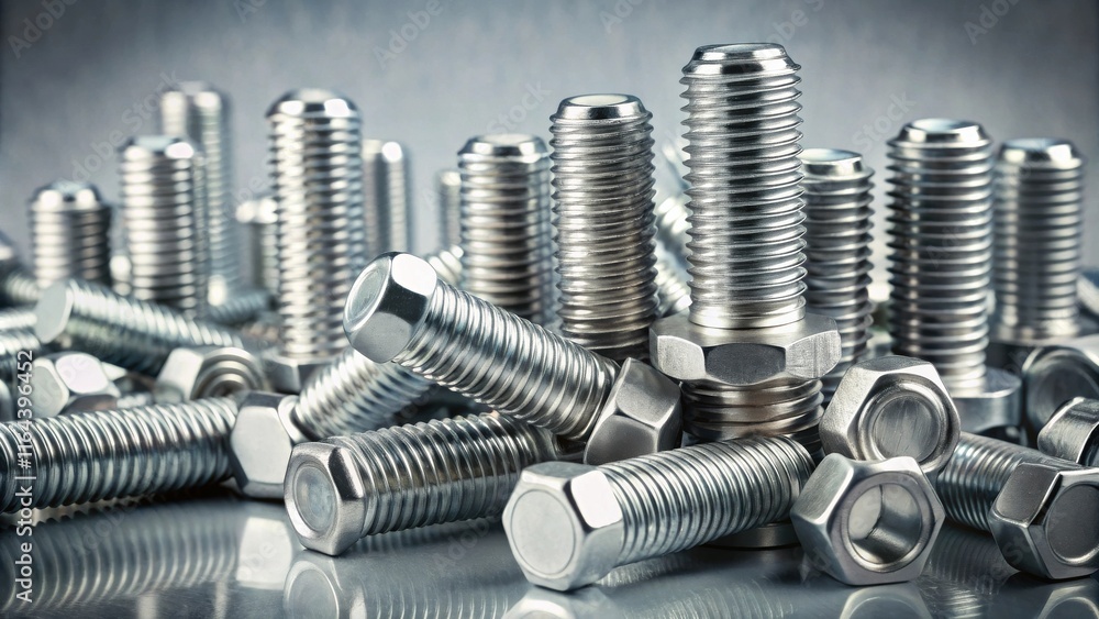Close-up view of numerous metallic fasteners, including bolts and nuts, arranged in a pile on a reflective surface Close-up view of numerous metallic fasteners, including bolts and nuts, arranged in a pile on a reflective surface