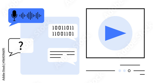 Microphone voice input, chat bubbles with texts and question mark, binary code, play button on video screen. Ideal for communication, tech, digital media, coding, tutorials, learning, online support