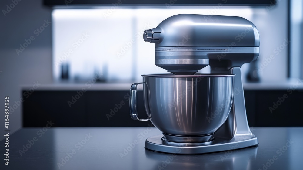 A sleek, silver kitchen mixer stands on a dark countertop, its bowl waiting to mix ingredients. The kitchen features a clean, modern design with ample lighting, ideal for culinary activities A sleek, silver kitchen mixer stands on a dark countertop, its bowl waiting to mix ingredients. The kitchen features a clean, modern design with ample lighting, ideal for culinary activities