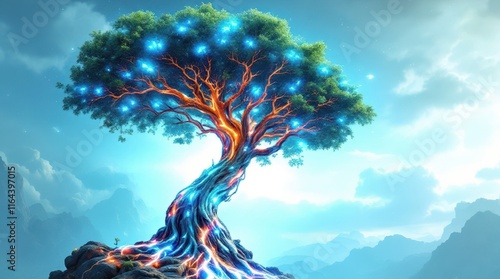 Cyber Nature Fusion with Tree and Glowing Holographic Network photo