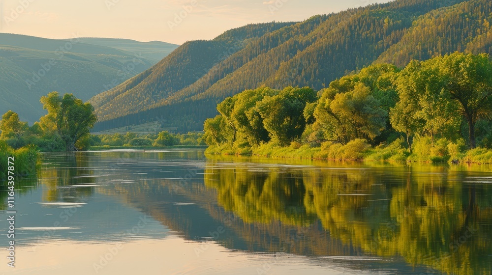 Fototapeta premium Tranquil dawn reflections on a calm mountain lake a serene nature photography experience