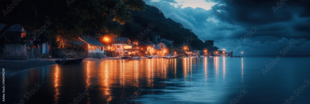 Nighttime Coastal Village Illuminated With Warm Lights Nighttime Coastal Village Illuminated With Warm Lights