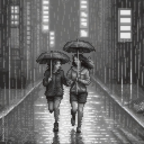 Pixel art depicting two individuals strolling under umbrellas amidst a rainy scene.