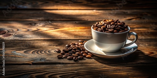 Aromatic coffee beans fill a white cup, resting on a rustic wooden surface bathed in sunlight
