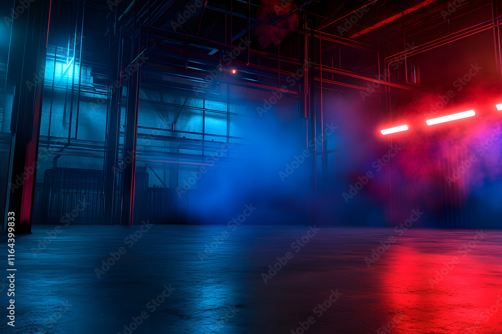 neon lights in an empty room with a concrete floor and red and blue glowing lights neon lights in an empty room with a concrete floor and red and blue glowing lights