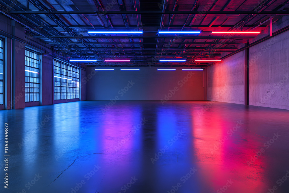 Fototapeta premium neon lights in an empty room with a concrete floor and red and blue glowing lights