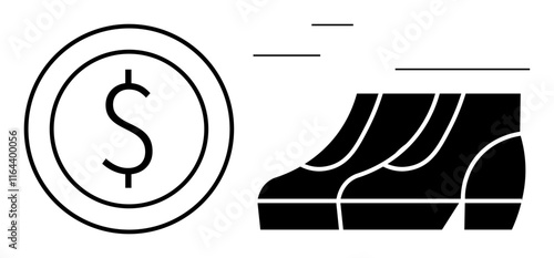 Coin symbol next to a pair of running shoes, representing investment in fitness, athleticism, sports funding, financial health, physical wellness, and healthy living. Ideal for financial health