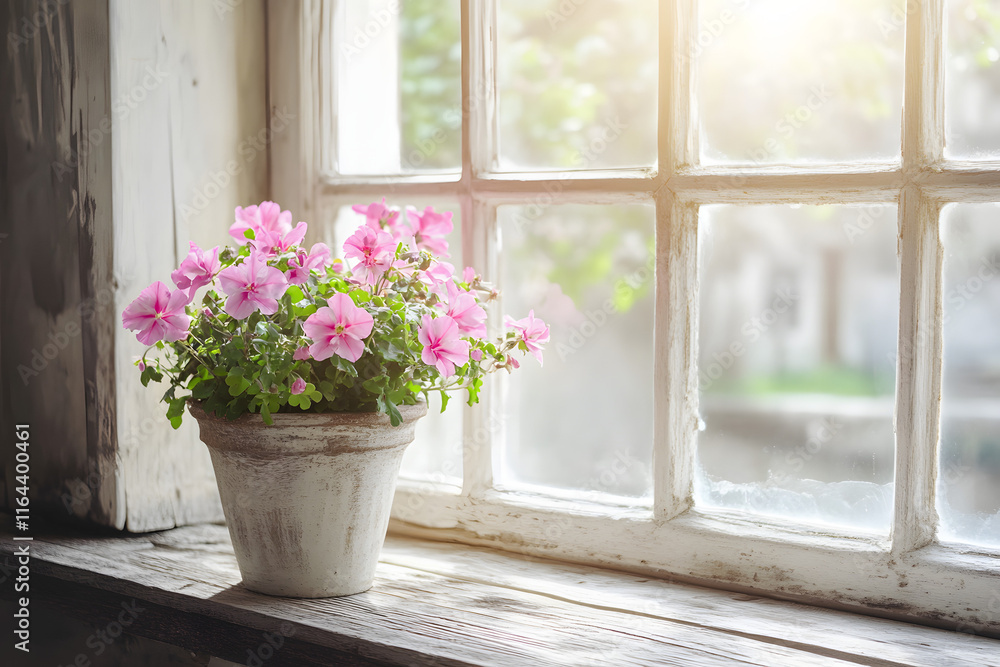 Rustic wooden window sill with pink flowers in a pot Rustic wooden window sill with pink flowers in a pot