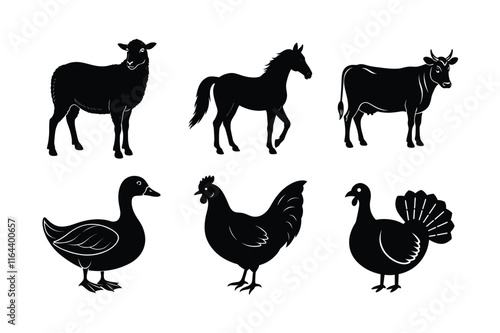 Farm Animal Silhouettes: Sheep, Cow, Horse, Chicken, Duck, and Turkey