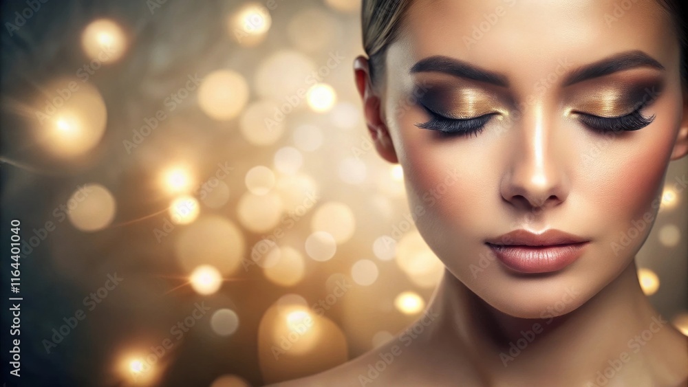 Close-up of a woman's face with eyes closed, showcasing elegant gold eyeshadow and a natural lip color against a bokeh background. Close-up of a woman's face with eyes closed, showcasing elegant gold eyeshadow and a natural lip color against a bokeh background.