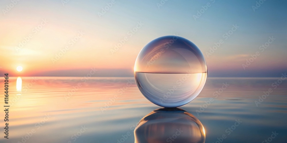 Serene glass sphere reflecting a sunset over tranquil water Serene glass sphere reflecting a sunset over tranquil water