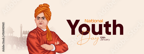 Illustration of National Youth Day celebration with an Indian flag, historic architecture, and a cultural figure photo