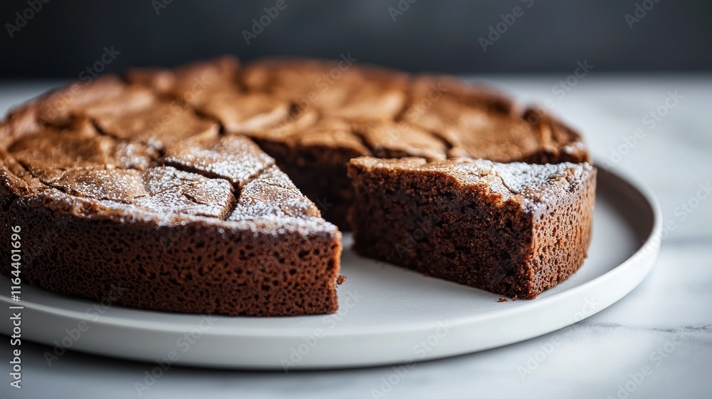 Chocolate cake with a slice cut out, dusted with powdered sugar. Chocolate cake with a slice cut out, dusted with powdered sugar.