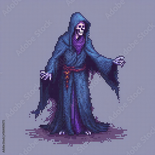 Pixel art skeleton in a hooded cloak, classic retro style.