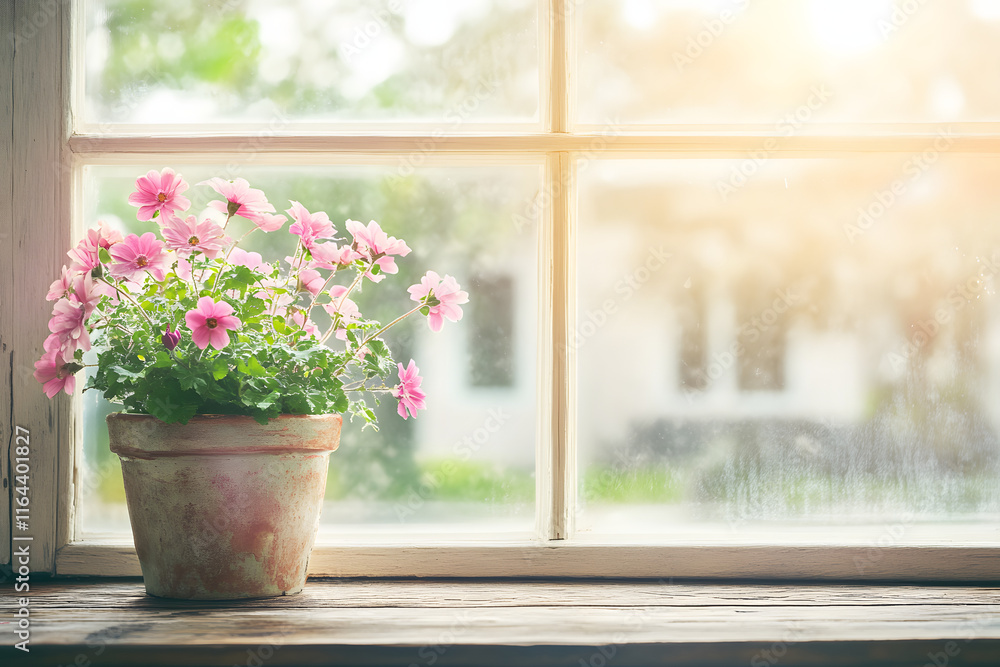 Rustic wooden window sill with pink flowers in a pot Rustic wooden window sill with pink flowers in a pot